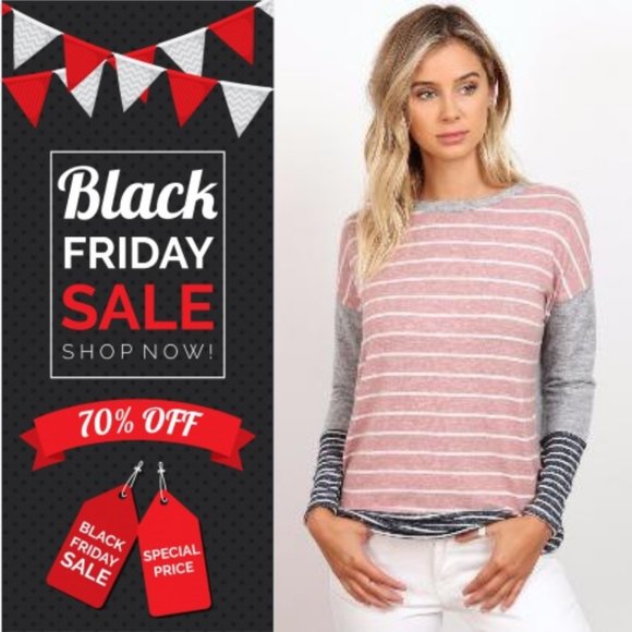 Boutique Tops - Stripe Long Sleeves Blouse Top Pink/Grey